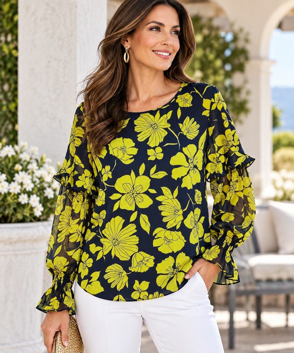 Dennis Basso Floral Tunic Blouse Navy Chartreuse Sheer Ruffle Sleeves Sz L